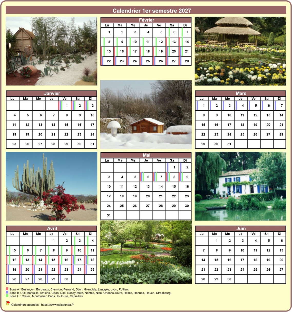 Calendrier 2027 semestriel avec une photo différente chaque mois