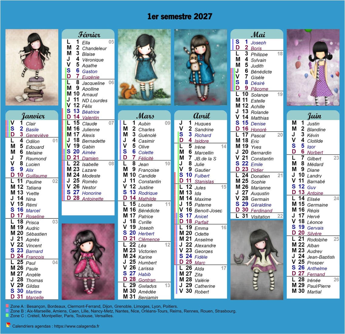 Calendrier 2027 semestriel Gorjuss