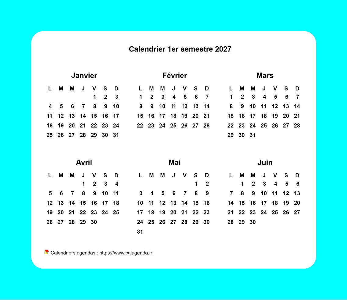 Calendrier 2027 semestriel avec bordure