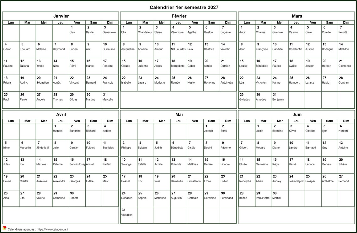 Calendrier 2027 à imprimer semestriel, format paysage, avec les fêtes