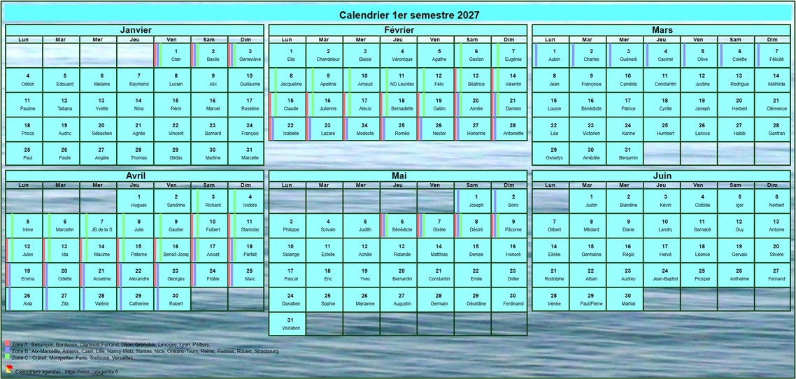 Calendrier 2027 à imprimer semestriel, format portrait, avec photo en fond de calendrier