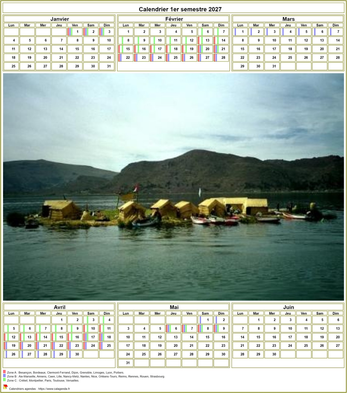 Modèle par défaut du calendrier agenda semestriel, avec photographie au centre