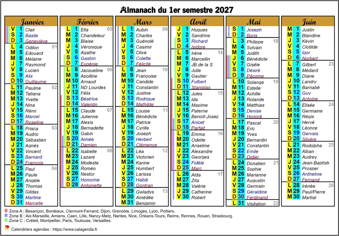 Calendrier 2027 semestriel six colonnes de format paysage