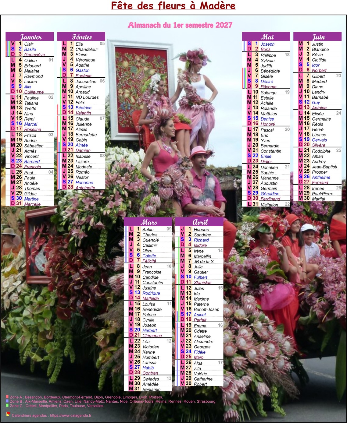 Calendrier 2027 semestriel fête des fleurs à Madère