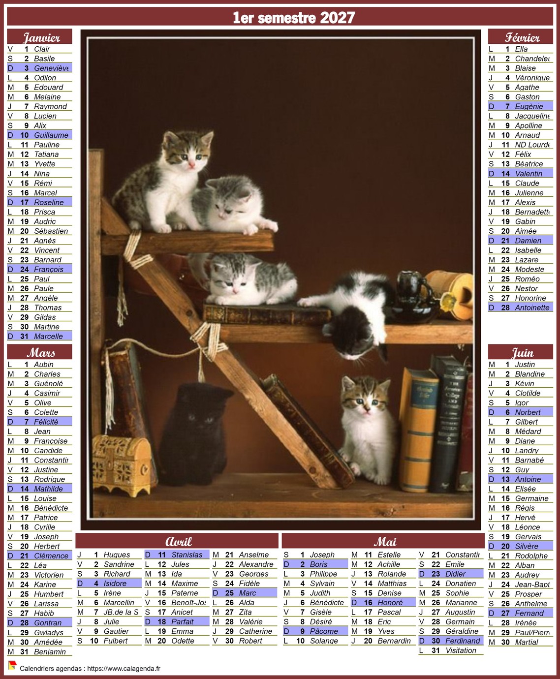 Calendrier 2027 style postes semestriel