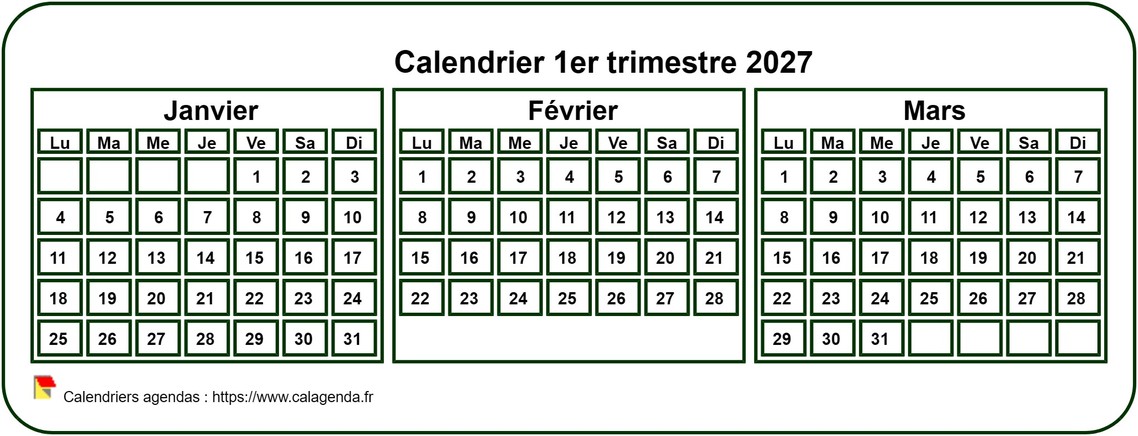 Calendrier 2027 à imprimer trimestriel, format mini de poche, fond blanc