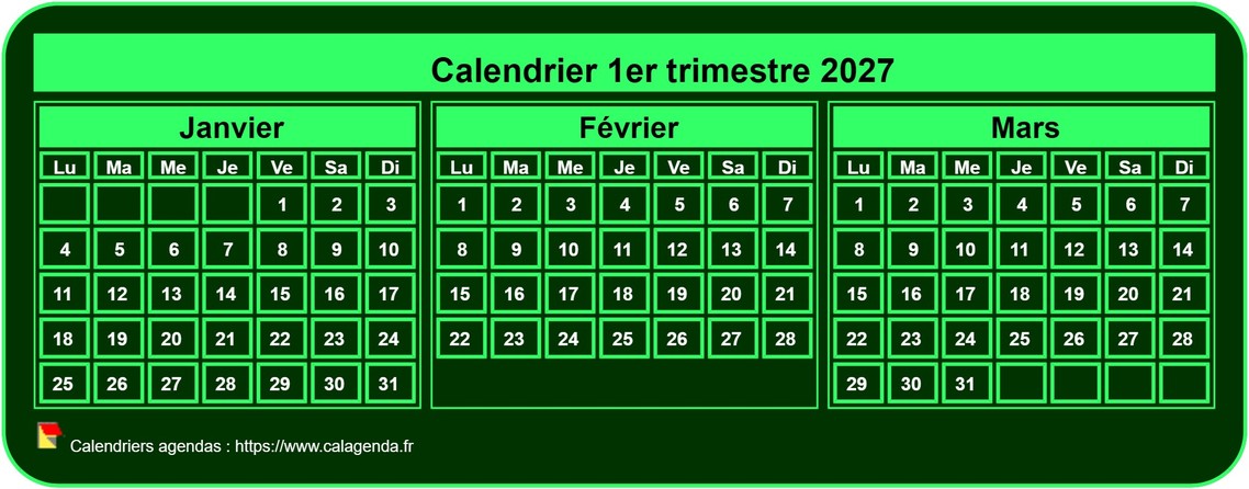 Calendrier 2027 à imprimer trimestriel, format mini de poche, fond vert