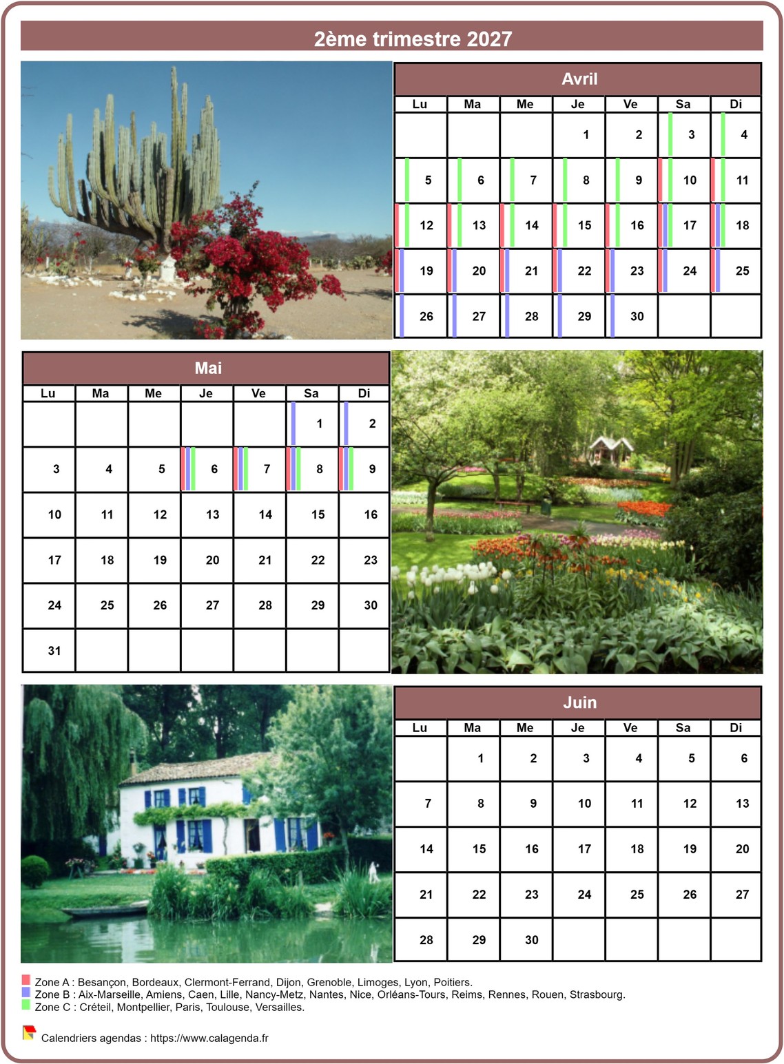 Calendrier 2027 trimestriel avec une photo différente chaque mois