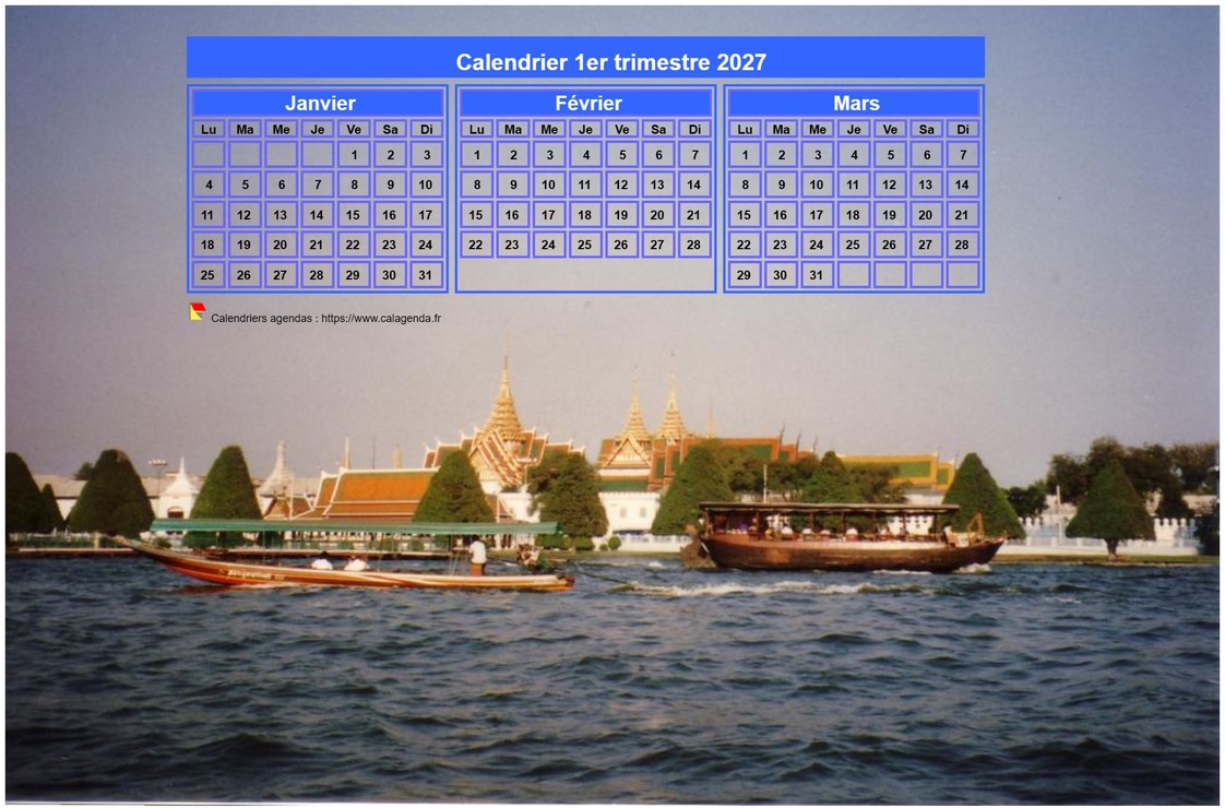 Calendrier 2027 à imprimer trimestriel, format paysage, incrusté sur la partie supérieure d'une photo