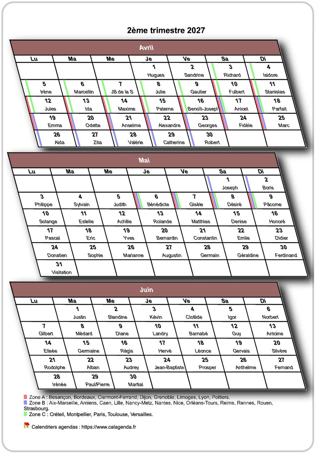 Calendrier 2027 trimestriel 3D