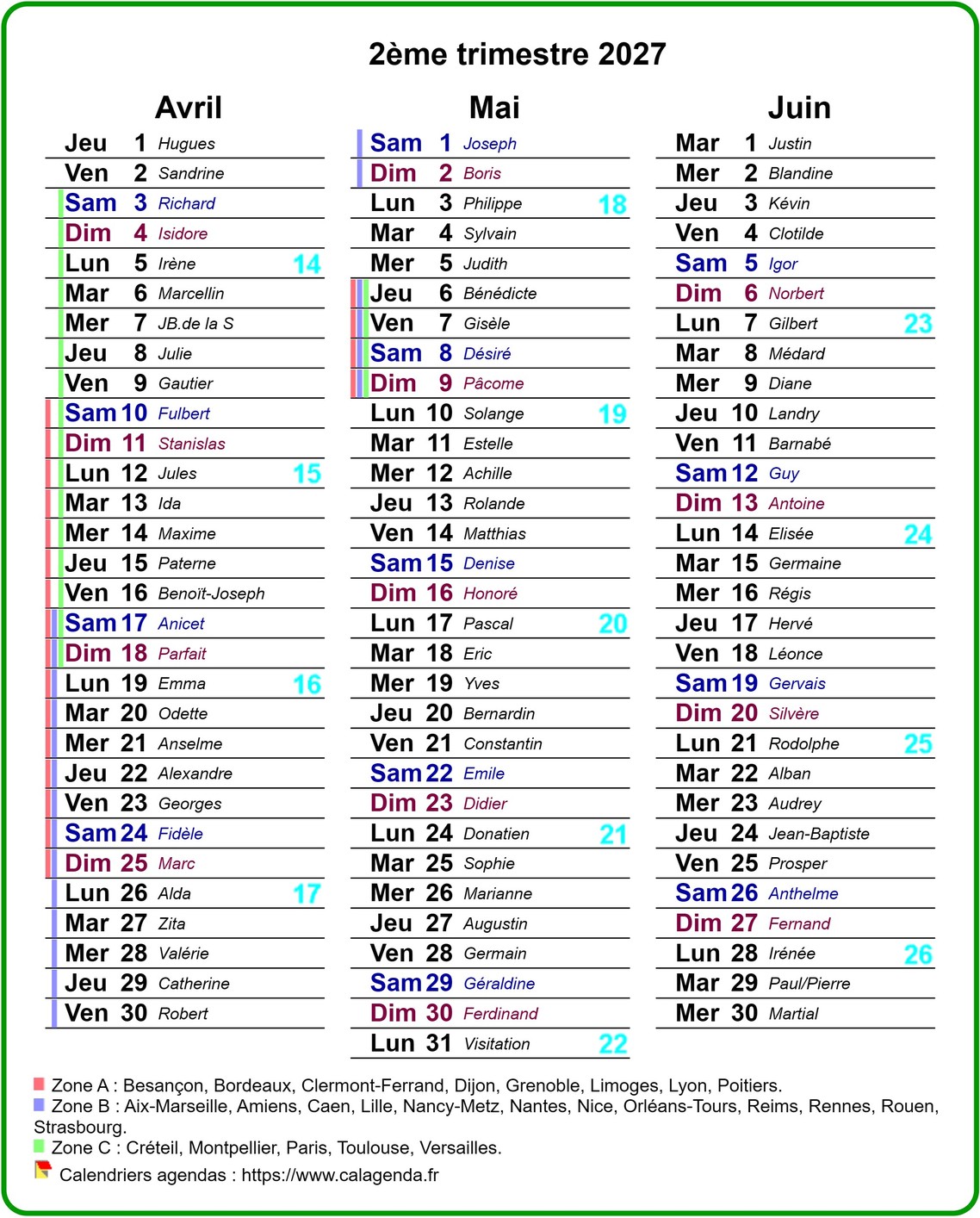 Agenda 2027 trimestriel avec couleurs du texte différentes pour le samedi et le dimanche