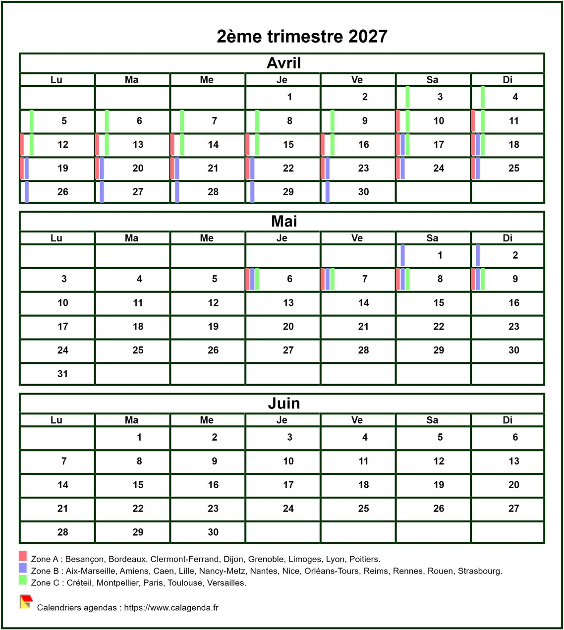 Calendrier 2027 à imprimer trimestriel, format mini de poche, avec les vacances scolaires