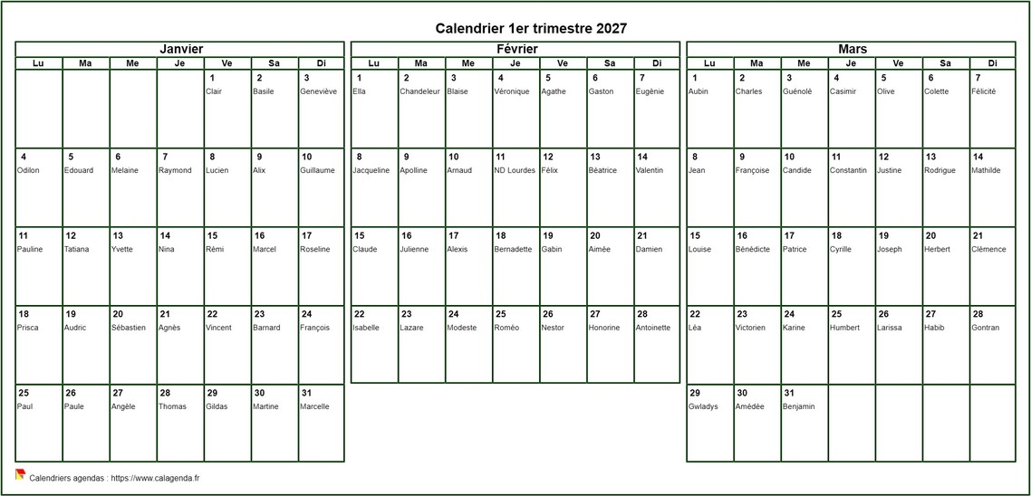 Calendrier 2027 à imprimer trimestriel, format paysage, avec les fêtes