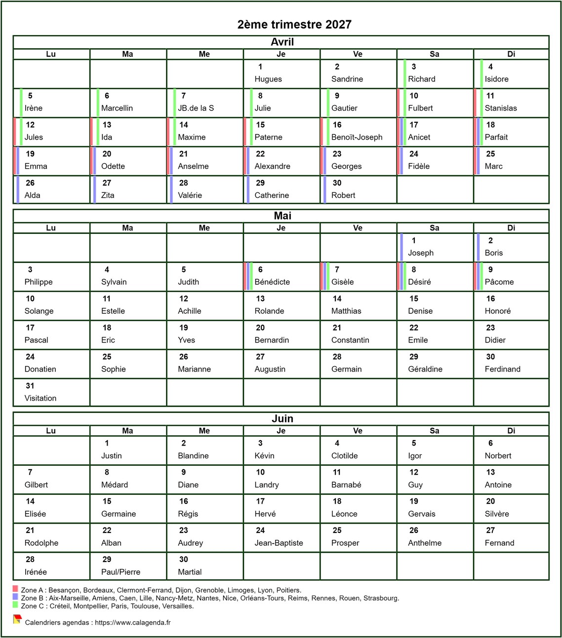 Calendrier 2027 à imprimer trimestriel, format portrait, avec les fêtes et les vacances scolaires
