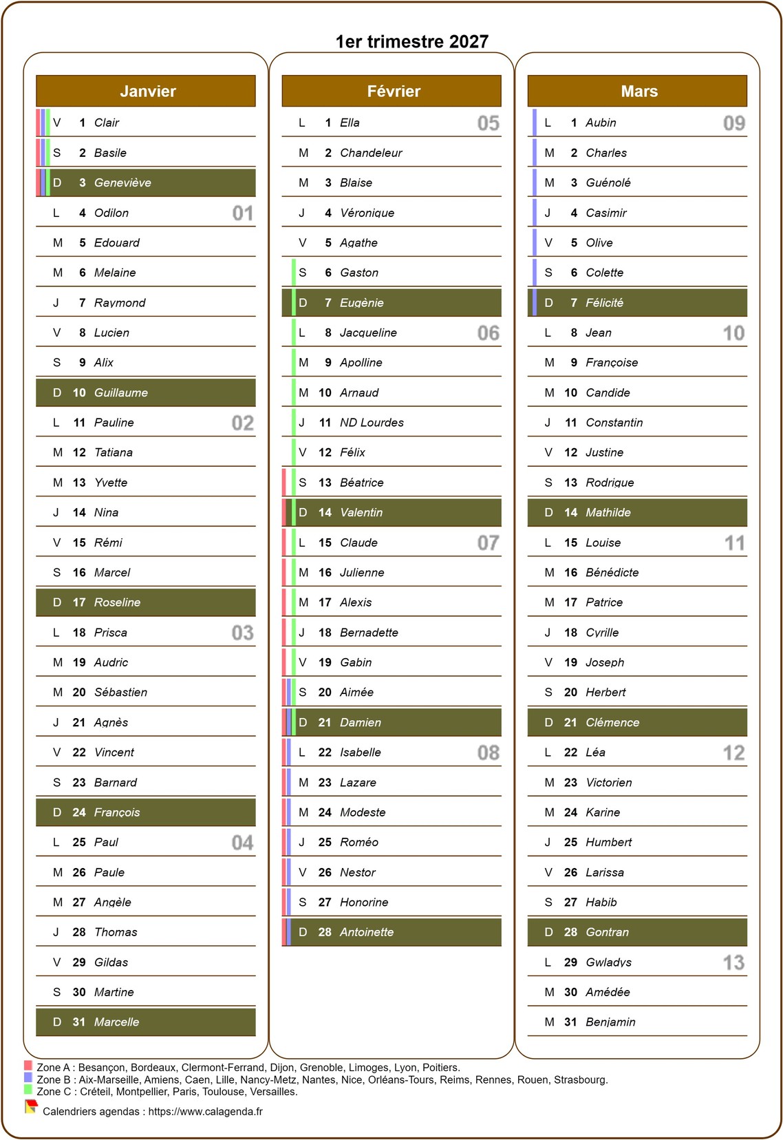Calendrier 2027 trimestriel avec agenda détaillé, format portrait, une colonne par mois
