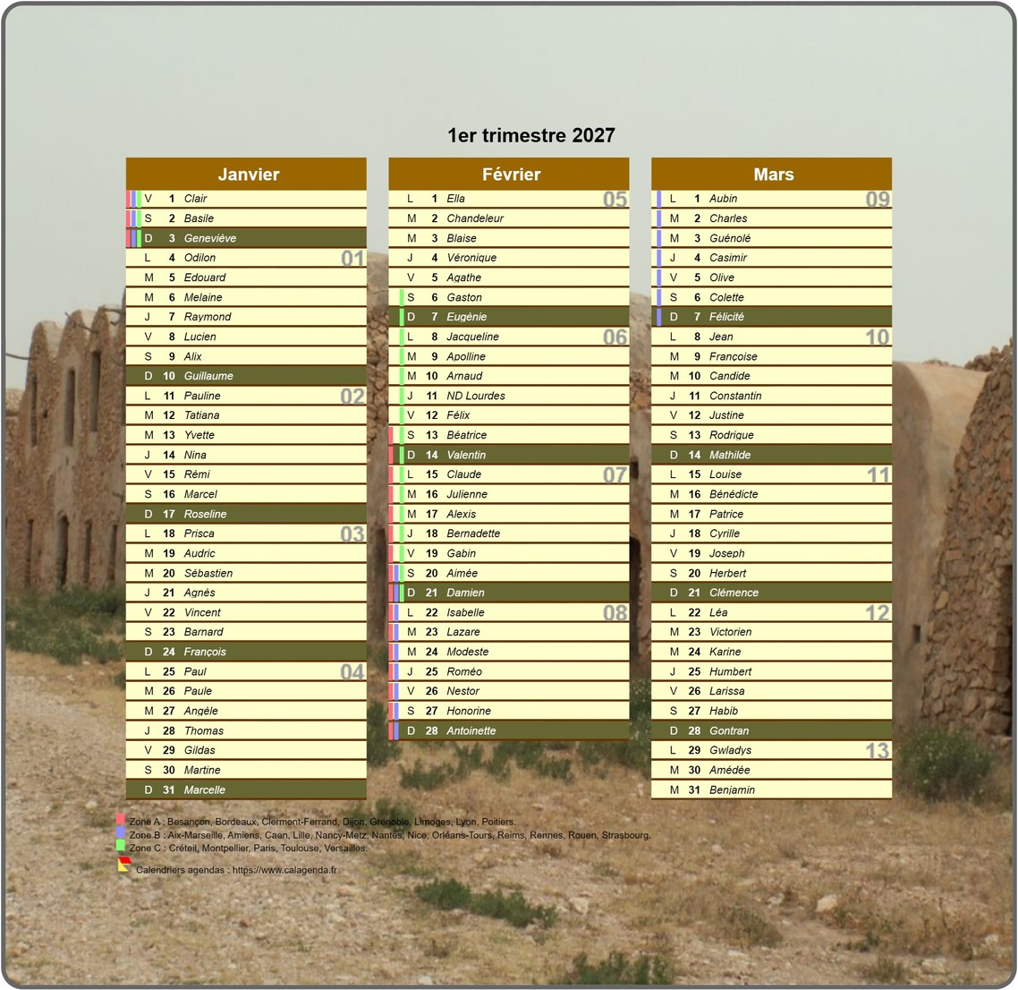 Calendrier 2027 trimestriel décoratif avec photo, format portrait, une colonne par mois