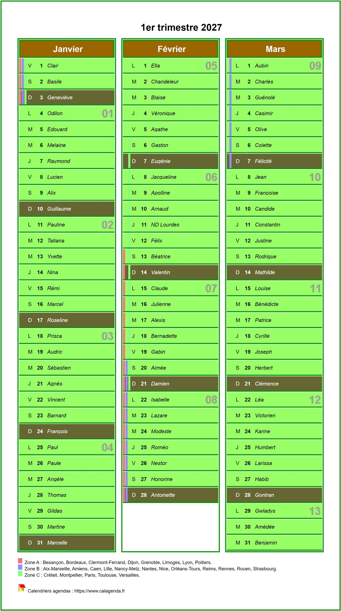 Calendrier 2027 par défaut du calendrier agenda trimestriel civil, une colonne par mois