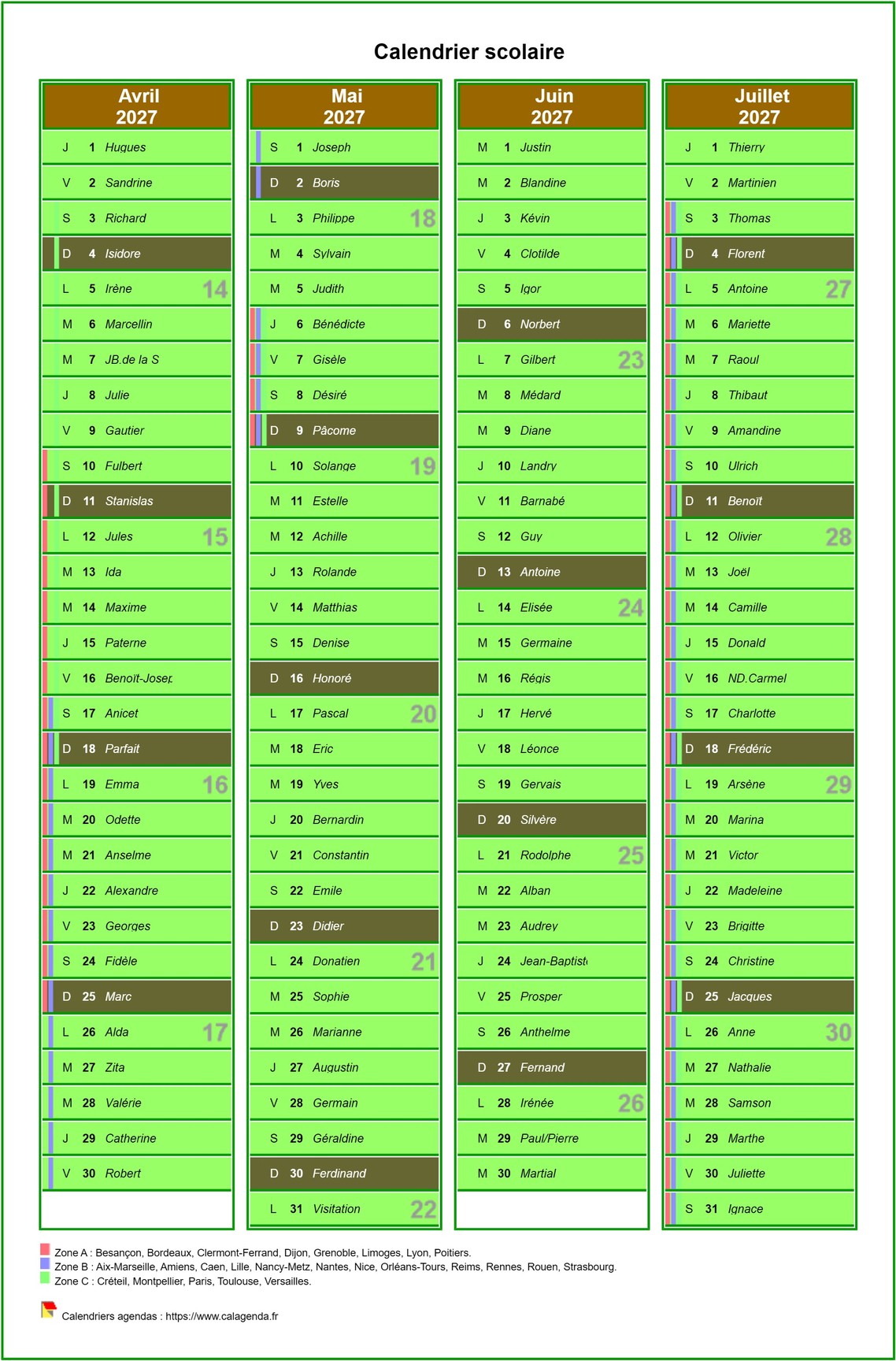Modèle par défaut du calendrier agenda trimestriel scolaire, une colonne par mois