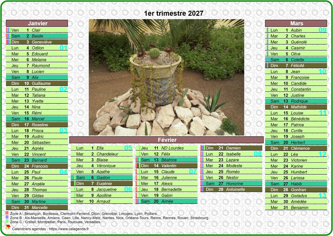 Calendrier 2027 trimestriel de style postes