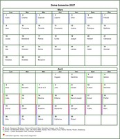 Calendrier 2027 bimestriel, format portrait, avec les fêtes et les vacances scolaires