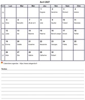 Calendrier d'avril 2027 avec notes